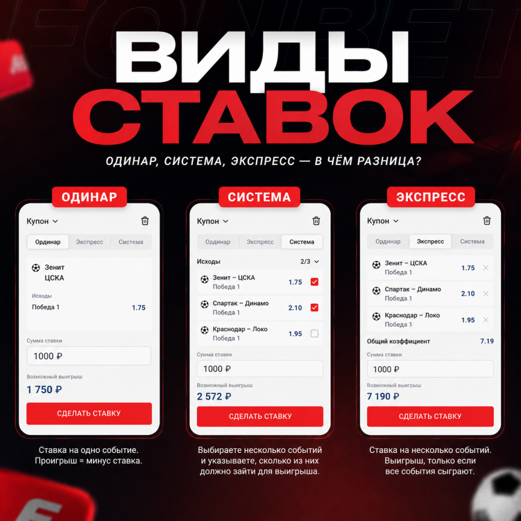 Основные виды ставок: ординар, экспресс, система изображение